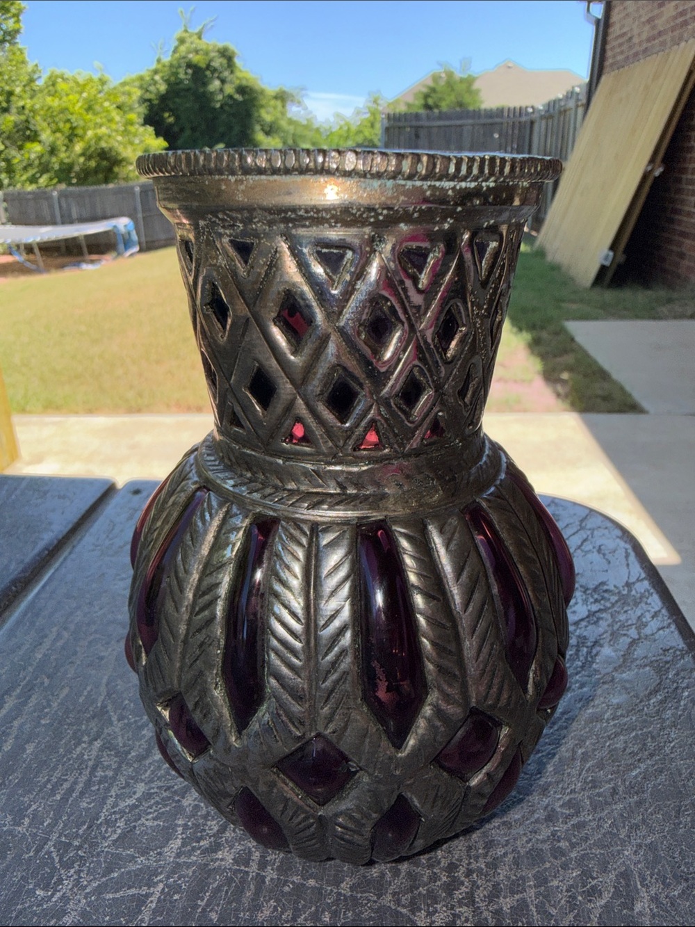 METAL AND AMETHYST GLASS DECORATIV FLOWER VASE ROUND SHAPE 6" H MADE IN INDIA